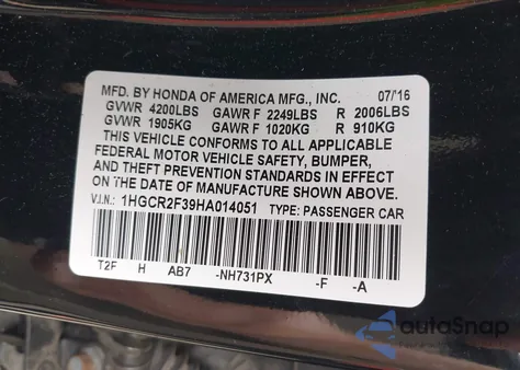 2017 Honda Accord Lx from USA, damaged, VIN 1HGCR2F39HA014051